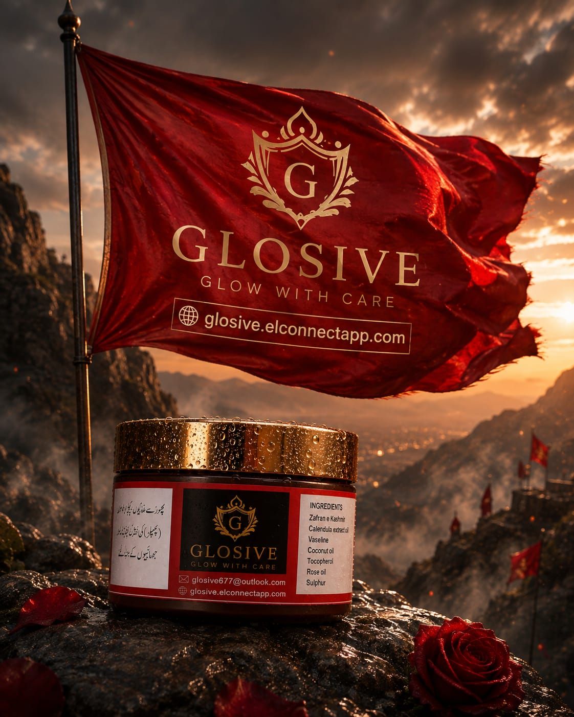 Glosive skincare cream — Glow With Care, natural ingredients including saffron, rose oil, and calendula extract.